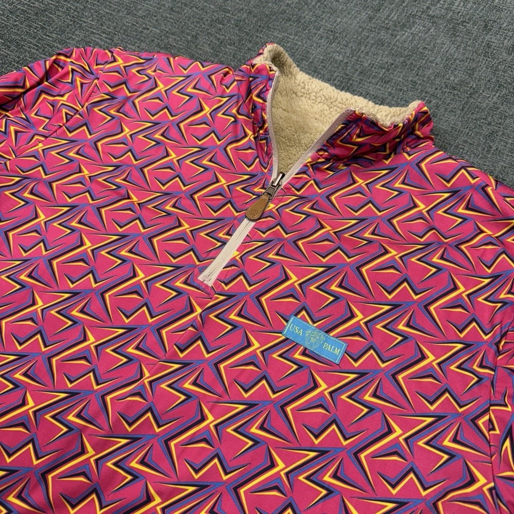 USA Palm Pullover‎ Mens XL Reversible Sherpa Fleece Pink Geometric